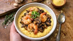 えびときのこのソテーでごちそう感：バター＆チーズのクリーミーポレンタ