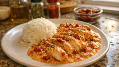 フライパンひとつでごちそうに：鶏むね肉のトマトクリーム風（ヨーグルト仕立て）