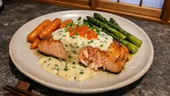 サーモンの香ばしさが引き立つ、プロセッコ香るクリーミーソースのごちそうソテー