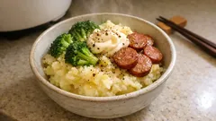 レンジだけで完成：ほくほくじゃがいもにブロッコリーとソーセージをのせるホットポテト