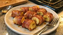 材料4つで甘じょっぱく：バナナの豚バラ肉巻き、フライパンでこんがり