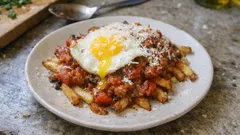 カリッと揚げ焼きポテトにソーセージの白ワイントマトソース、目玉焼きのせ