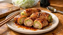 包丁いらずで満足おかず：千切りキャベツの甘辛「豚ロース肉巻き」レシピ