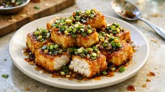 木綿豆腐が主役の節約メイン:外カリ中ふわのねぎ甘酢しょうゆだれ