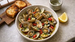 あさりのガーリック蒸し煮：レモンで仕上げる、スープまでおいしい一皿