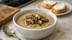 乾燥きのこでコクを足す—ナツメグ香る濃厚きのこクリームスープ（バゲット添え）