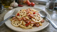 パスタじゃなくても満足：レンコンとベーコンのペペロンチーノ風炒め